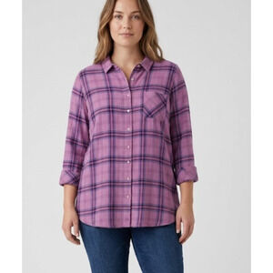 J. Jill Pink Plaid Button Down Shirt Large Crinkle Texture Classic Layer Casual